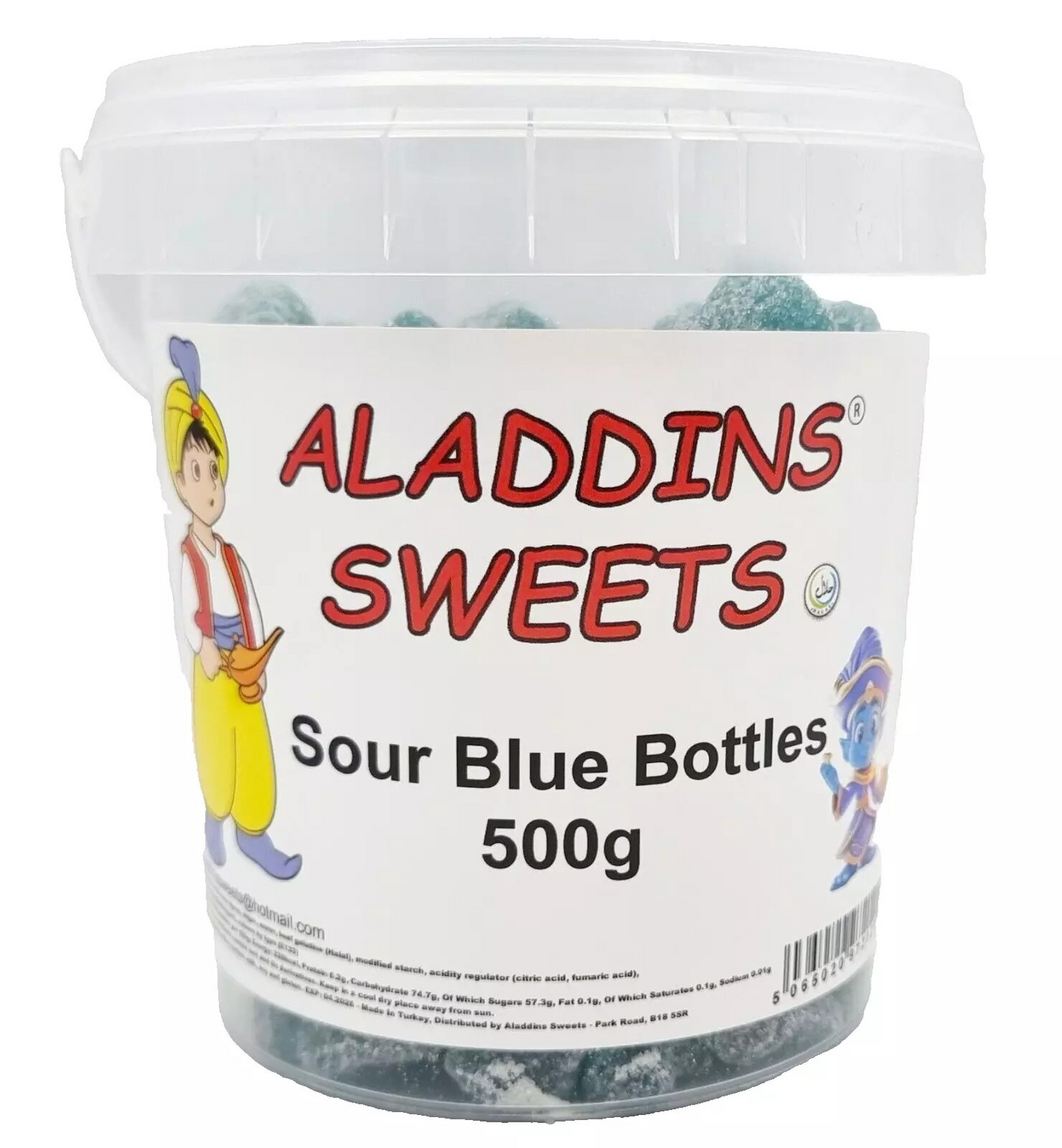 500g Sour Blue Bottles Jellies, Halal Aladdins Sweets Tub