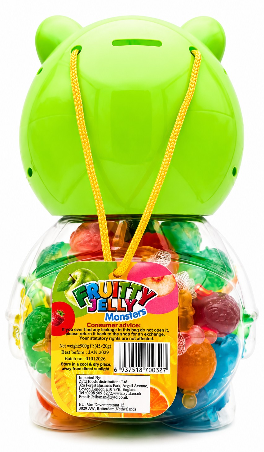 Fruity Jelly Monsters Money Box Jar Halal Vegetarian Jellies Gift Party Sweets