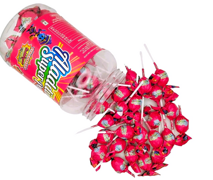 Aladdins Super Pops 60 x Lollipops Bubblegum Centre Strawberry Flavour Lollies