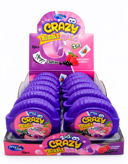 12 x 30g Bubble Gum Roll with Tattoo - Crazy 2 in 1 - Blackcurrant & Raspberry Party Bags