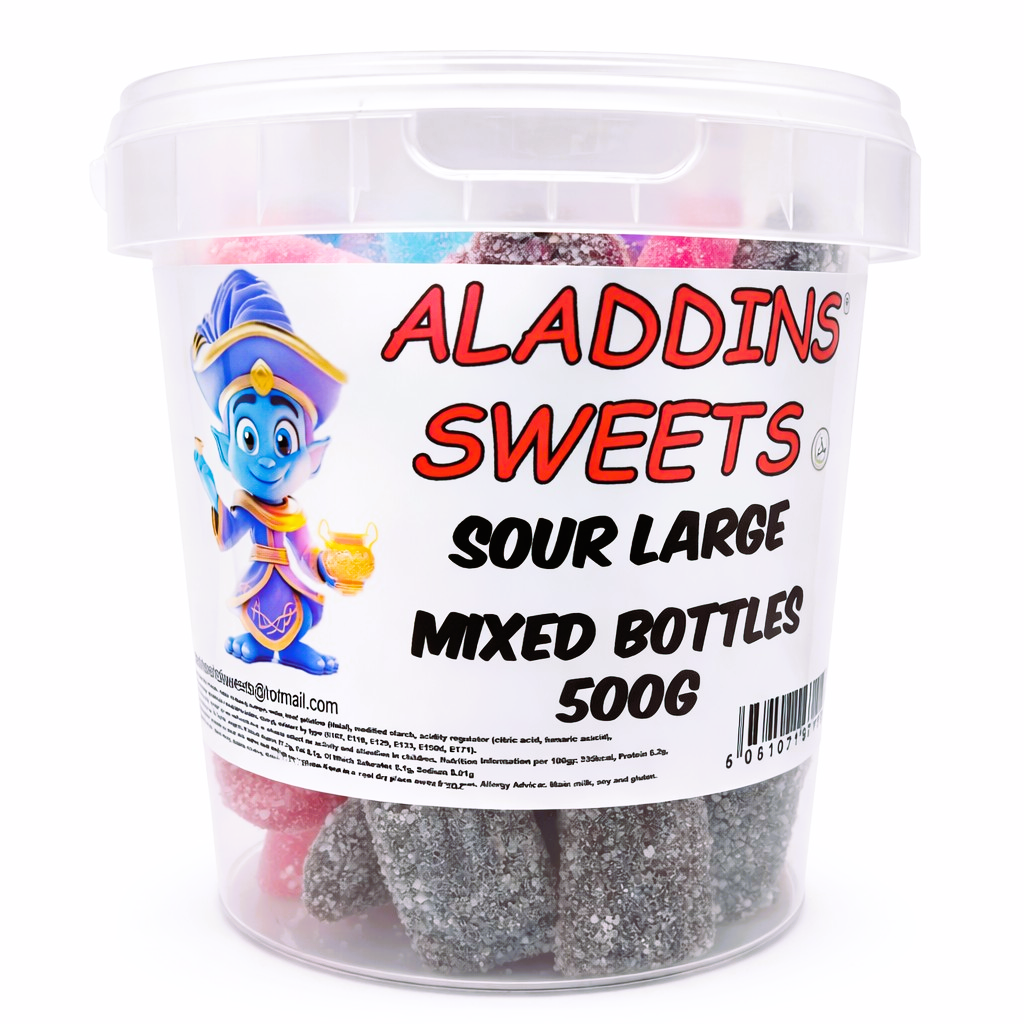 Sour Large Mixed Bottles - Halal - 500g / 1kg - Aladdins Sweets - Bulk Buy Fizzy Jellies - Gifts
