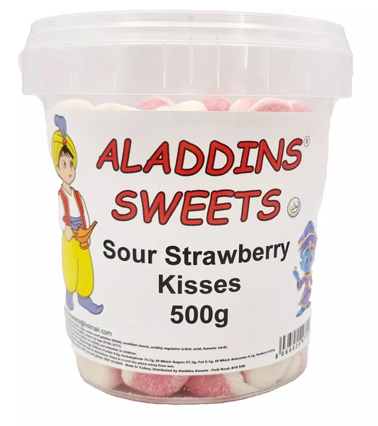 500g Sour Strawberries Kisses Jellies, Halal Aladdins Sweets Tub