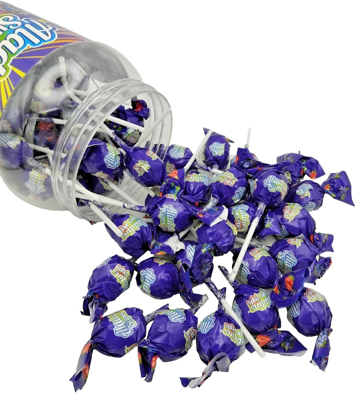 Aladdins Super Pops 60 x Lollipops Bubblegum Centre Grape Flavour Lollies
