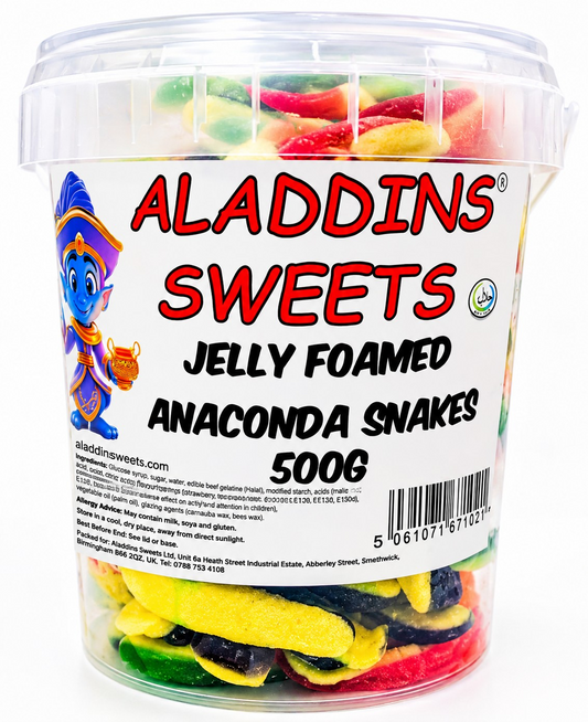 500g Jelly Yellow Bellied Anaconda Snakes Jellies - Halal Jelly - Aladdins Sweets Tubs