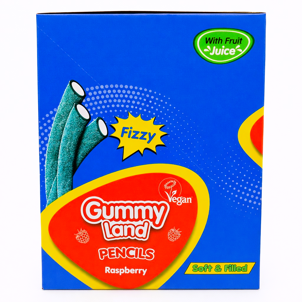 Pack of 12 x 150g Gummy Land Fizzy Raspberry Pencils - Halal - Vegan