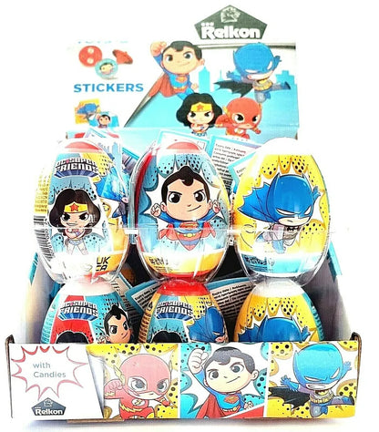 PACK OF 18 SURPRISE EGGS DC SUPER FRIENDS BATMAN SUPERMAN WONDER WOMAN FLASH CANDIES TOYS