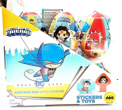 PACK OF 18 SURPRISE EGGS DC SUPER FRIENDS BATMAN SUPERMAN WONDER WOMAN FLASH CANDIES TOYS