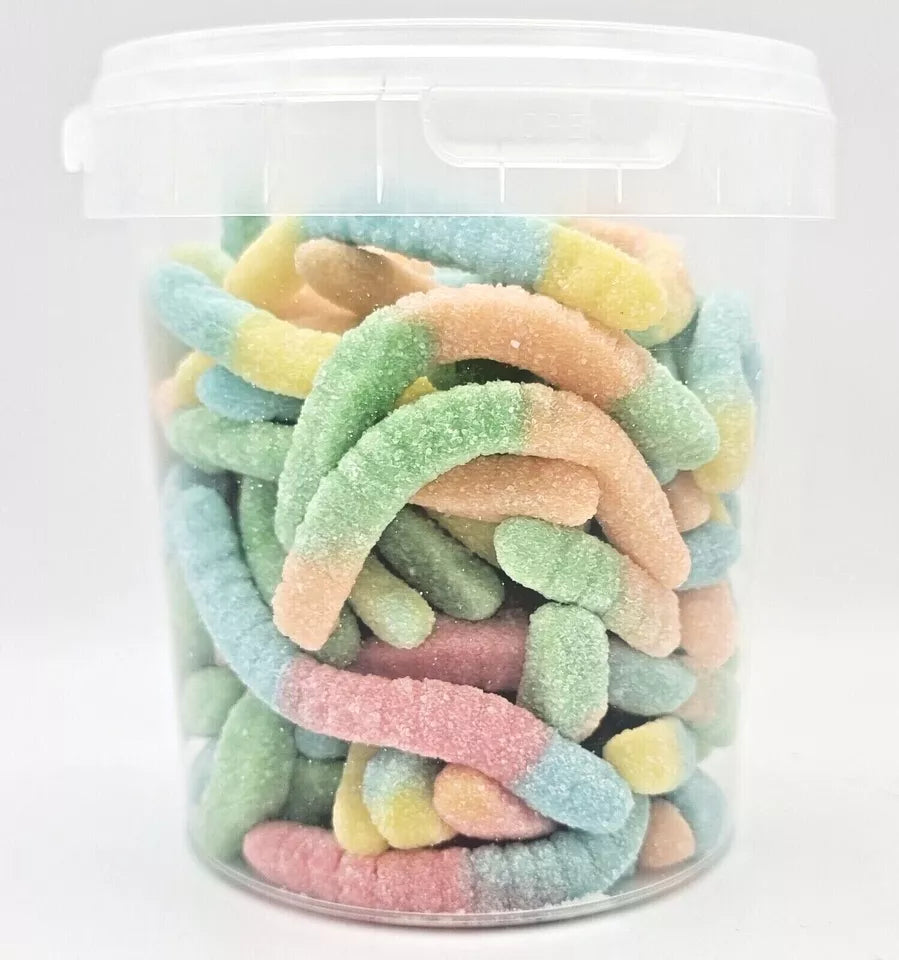 500g Sour Neon Worms Jellies, Halal Aladdins Sweets Tub