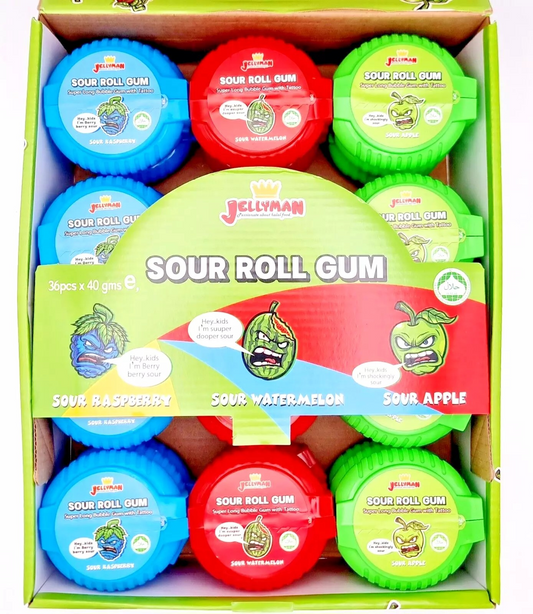 Pack of 36 SOUR Mega Roll Bubble Gum tape with Tattoos Jellyman