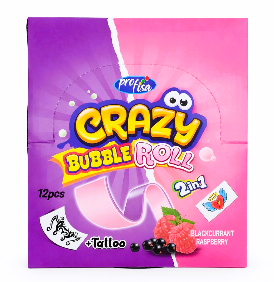 12 x 30g Bubble Gum Roll with Tattoo - Crazy 2 in 1 - Blackcurrant & Raspberry Party Bags