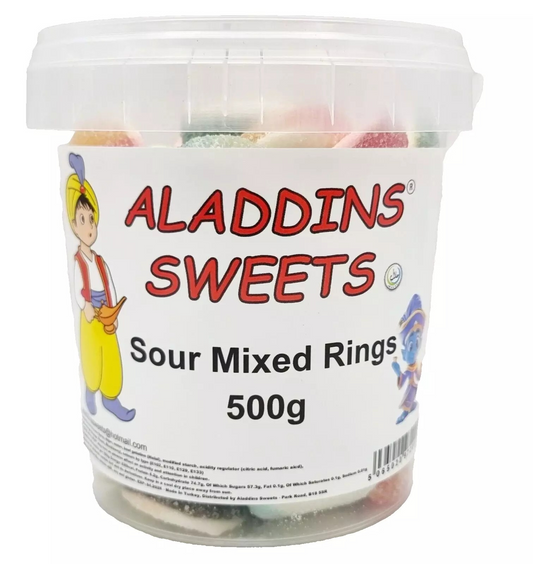 500g Sour Mixed Rings Jellies, Halal Aladdins Sweets Tub