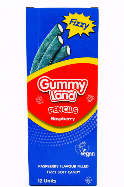 Pack of 12 x 150g Gummy Land Fizzy Raspberry Pencils - Halal - Vegan