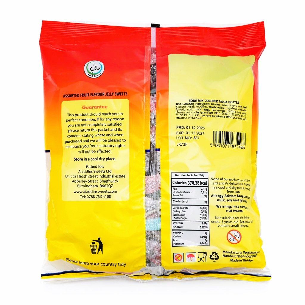 Sour Large Mixed Bottles - Halal - 500g / 1kg - Aladdins Sweets - Bulk Buy Fizzy Jellies - Gifts