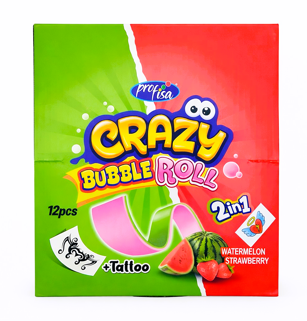 12 x 30g Bubble Gum Roll with Tattoo - Crazy 2 in 1 - Watermelon & Strawberry Party Bags