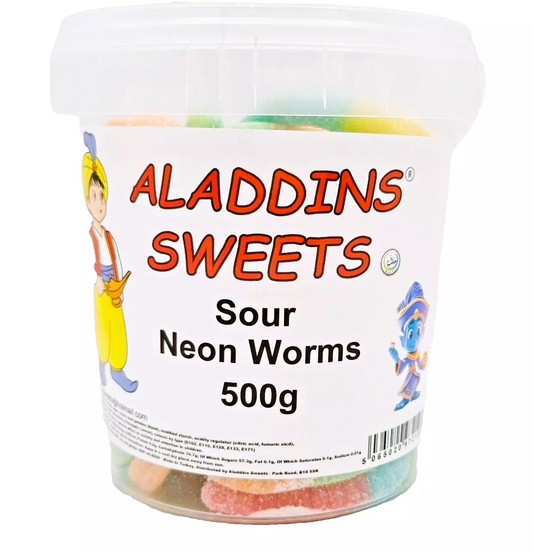 500g Sour Neon Worms Jellies, Halal Aladdins Sweets Tub