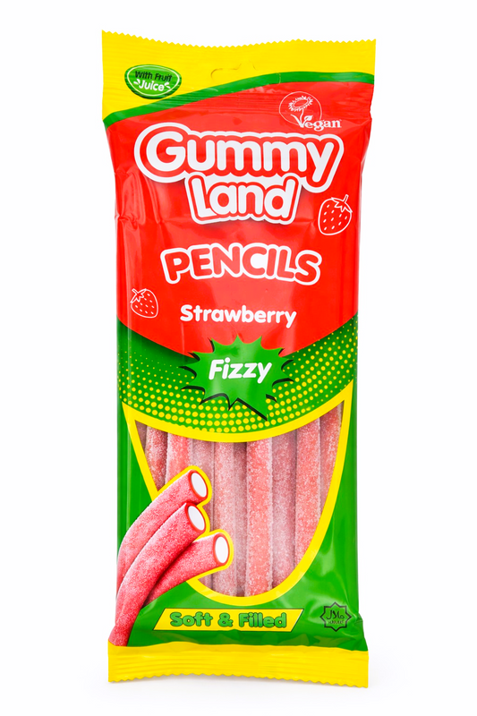 Pack of 12 x 150g Gummy Land Fizzy Strawberry Pencils - Halal - Vegan