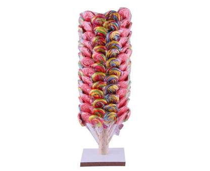 PACK OF 120 ASSORTED SHAPED HALAL RAINBOW LOLLIPOPS ON DISPLAY WOODEN STAND