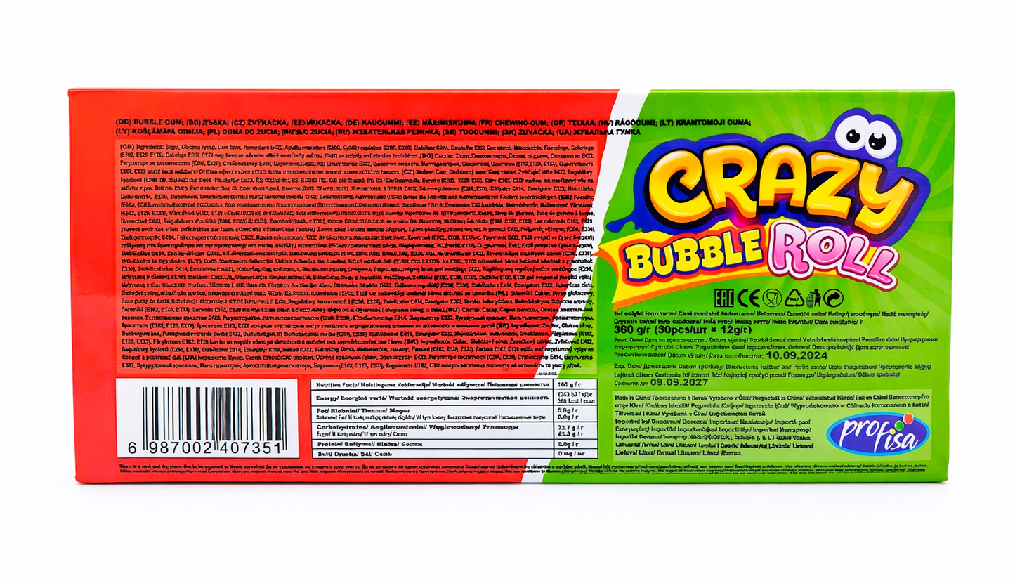 12 x 30g Bubble Gum Roll with Tattoo - Crazy 2 in 1 - Watermelon & Strawberry Party Bags