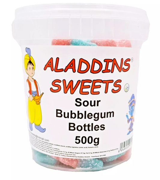 500g Sour Bubblegum Bottles Jellies, Halal Aladdins Sweets Tub