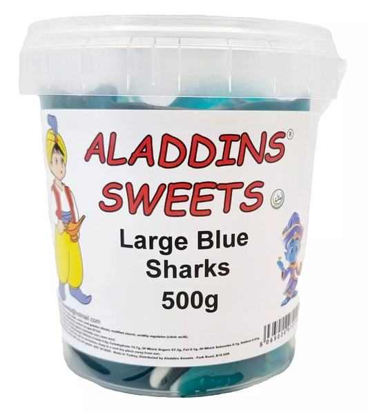 500g Large Blue Sharks Jellies, Halal Aladdins  Sweets Tub