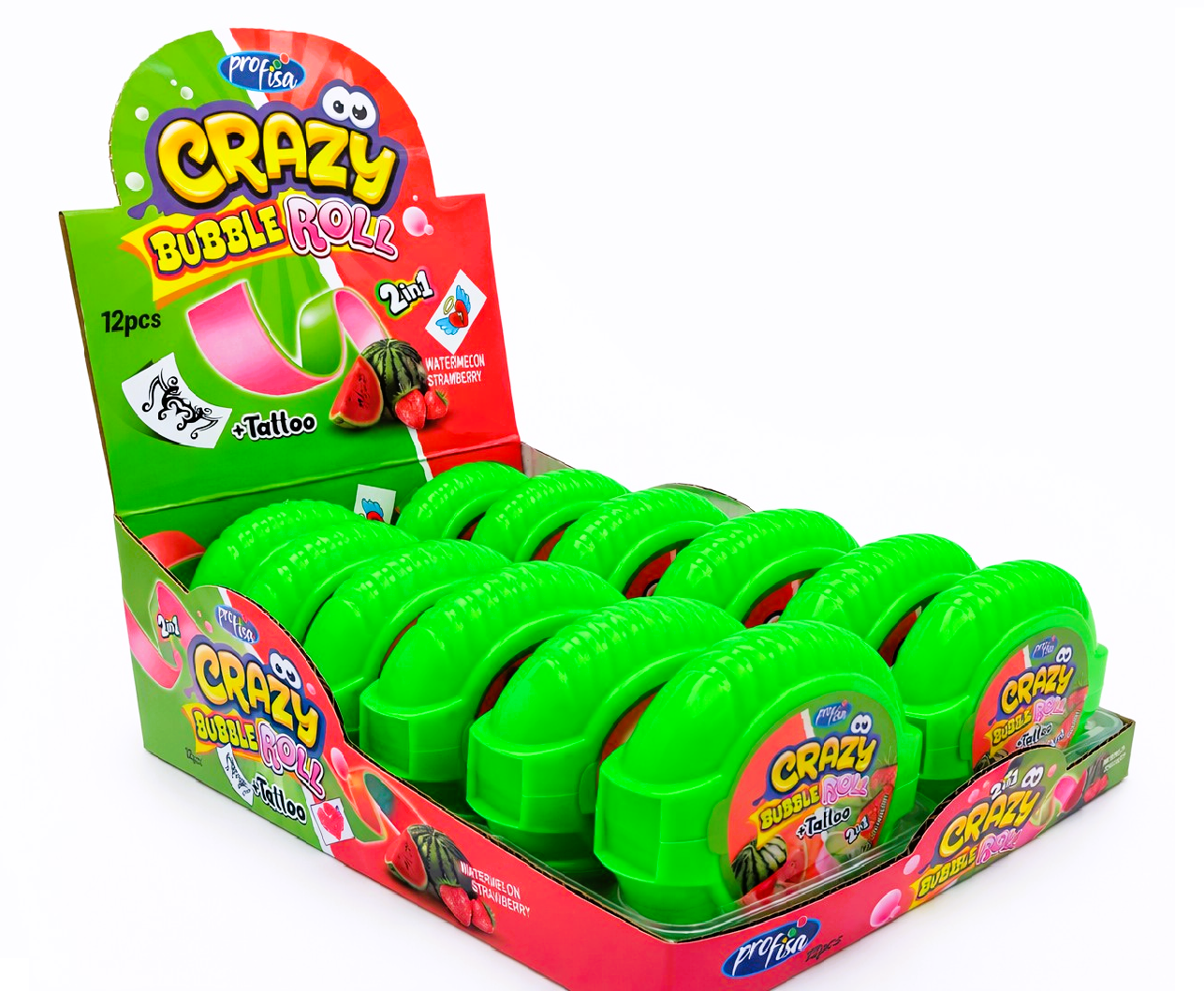 12 x 30g Bubble Gum Roll with Tattoo - Crazy 2 in 1 - Watermelon & Strawberry Party Bags