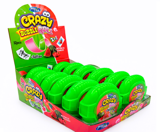 12 x 30g Bubble Gum Roll with Tattoo - Crazy 2 in 1 - Watermelon & Strawberry Party Bags