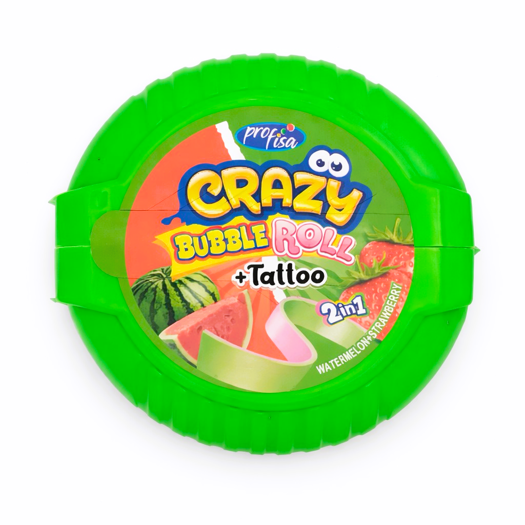 12 x 30g Bubble Gum Roll with Tattoo - Crazy 2 in 1 - Watermelon & Strawberry Party Bags