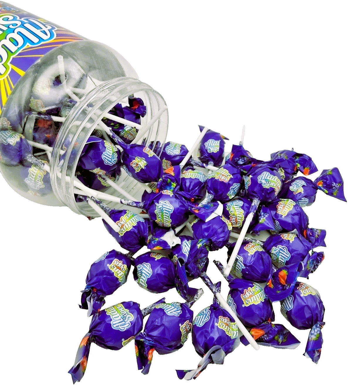 Aladdins Super Pops 60 x Lollipops Bubblegum Centre Grape Flavour Lollies
