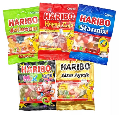 Pack of 24 Halal Haribo Goldbears, Happy Cola, Worms, Starmix 30g bags