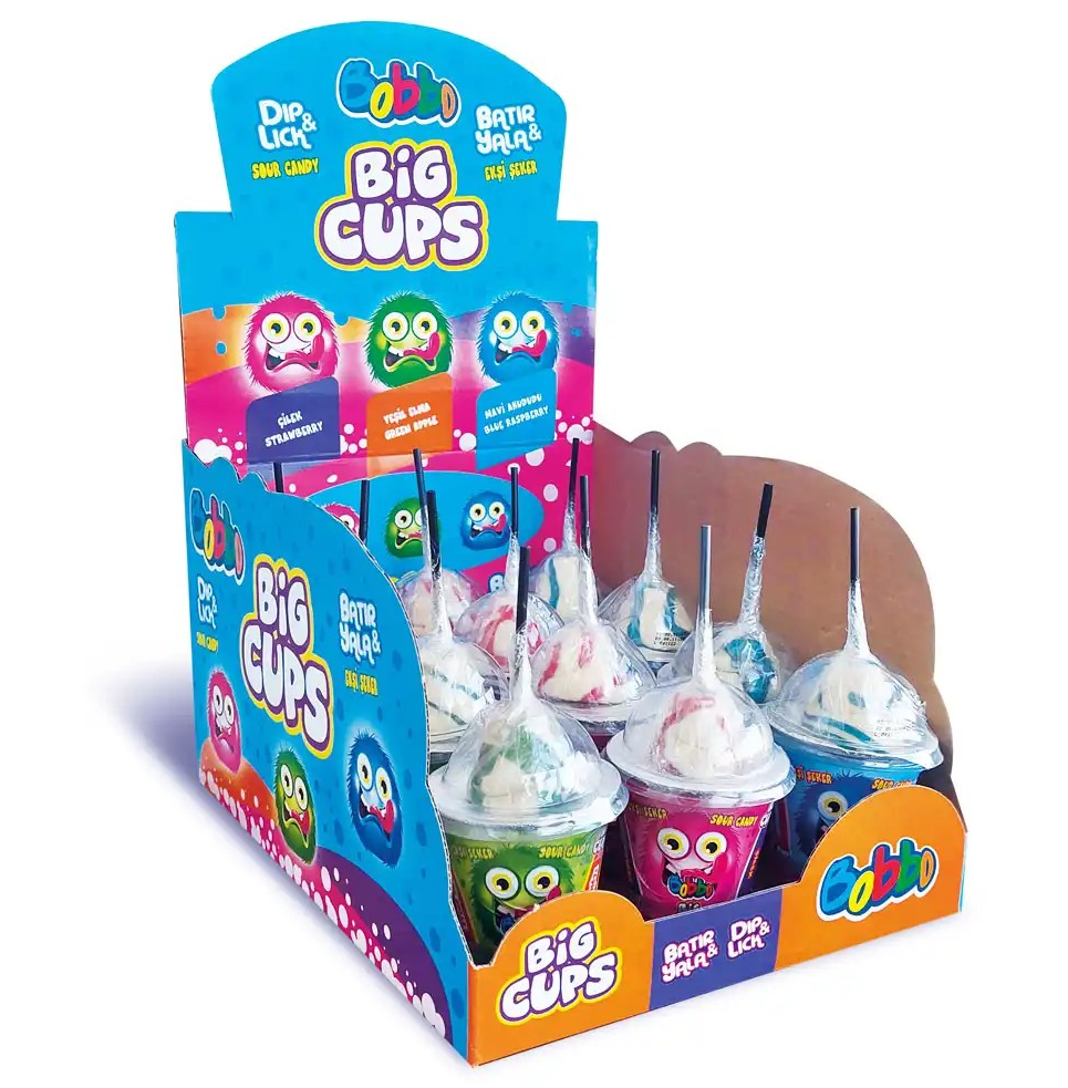 Bobbo Big Cups Dip n Lick Sour Candy sugar powder with Lollipops dippe ...