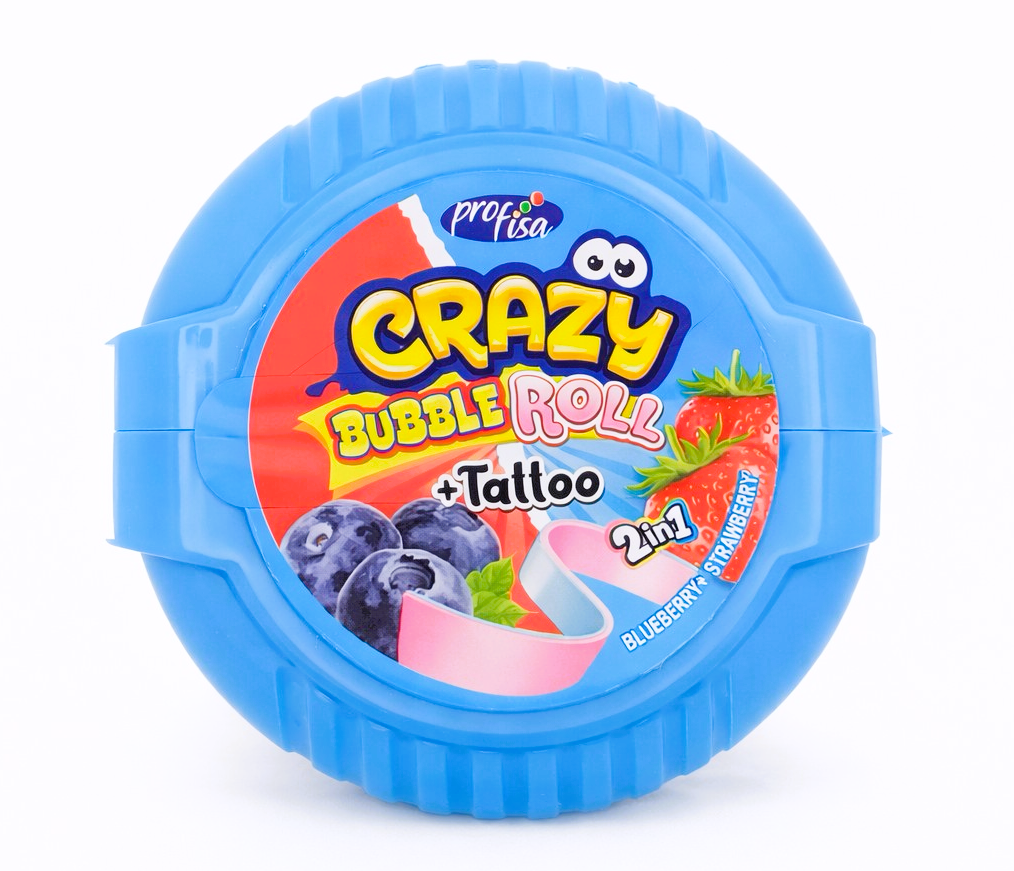 12 x 30g Bubble Gum Roll with Tattoo - Crazy 2 in 1 - Blueberry & Strawberry Party Bags