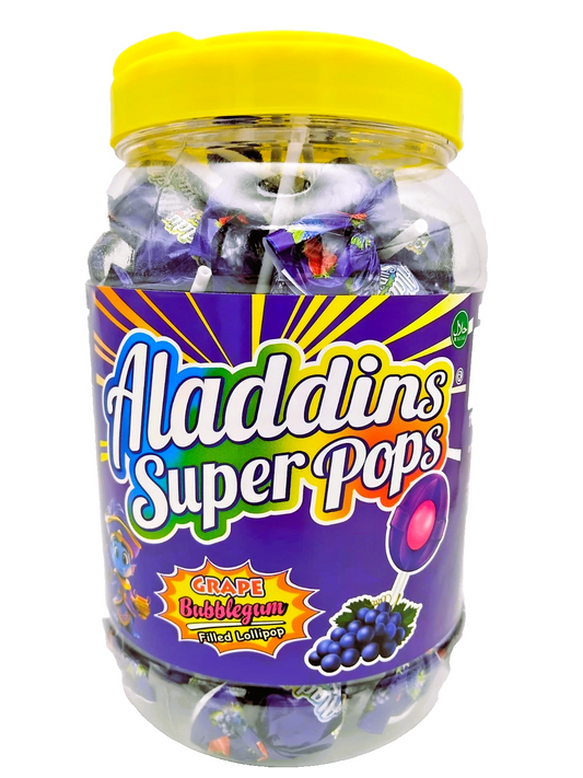 Aladdins Super Pops 60 x Lollipops Bubblegum Centre Grape Flavour Lollies