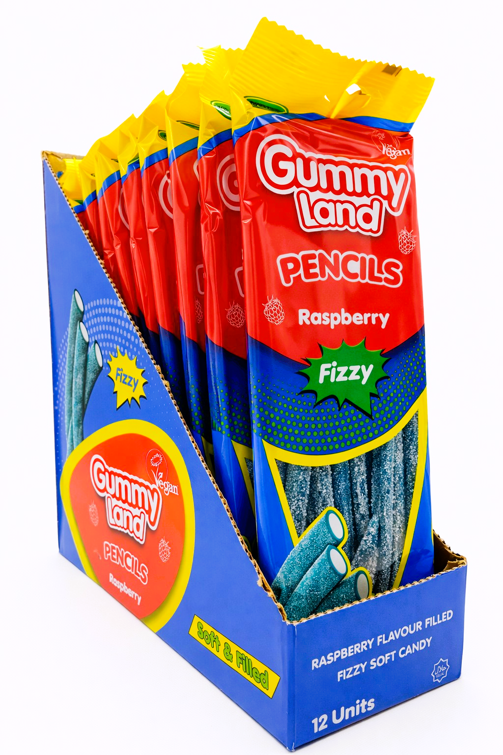 Pack of 12 x 150g Gummy Land Fizzy Raspberry Pencils - Halal - Vegan