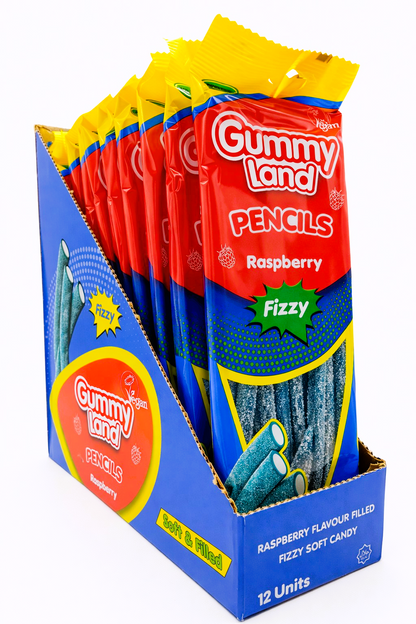 Pack of 12 x 150g Gummy Land Fizzy Raspberry Pencils - Halal - Vegan