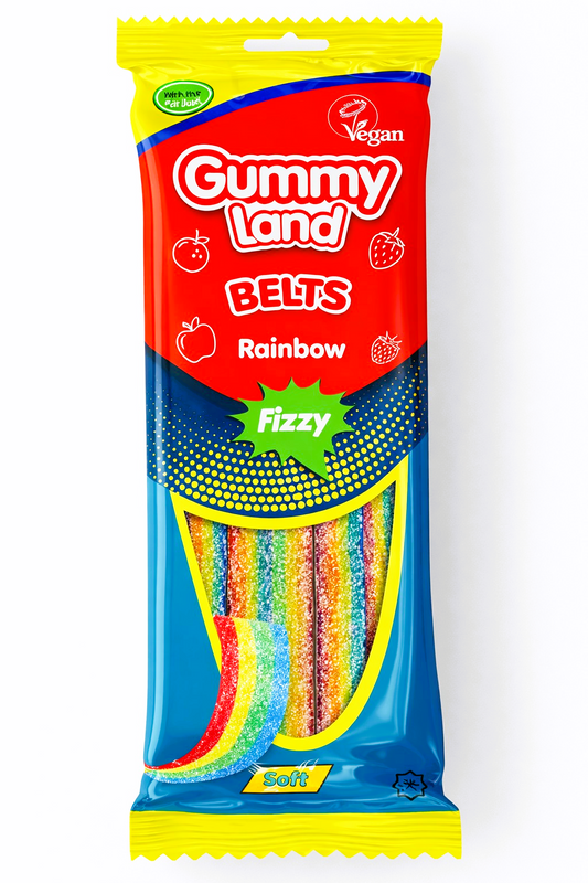 Pack of 12 x 150g Gummy Land Fizzy Rainbow Belts - Halal - Vegan