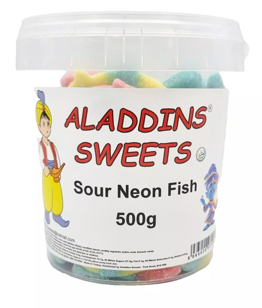 500g Sour Neon Fish Jellies, Halal Aladdins Sweets Tub