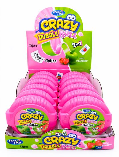 12 x 30g Bubble Gum Roll with Tattoo - Crazy 2 in 1 - Apple & Strawberry Party Bags