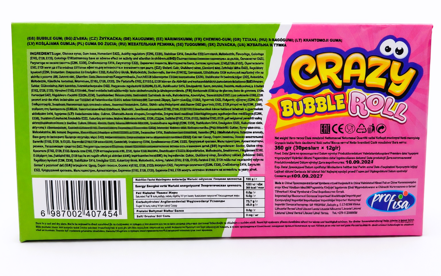 12 x 30g Bubble Gum Roll with Tattoo - Crazy 2 in 1 - Apple & Strawberry Party Bags