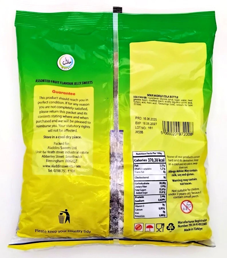 1kg Halal Fizzy Sour Jelly Cola bottles Aladdins Sweets