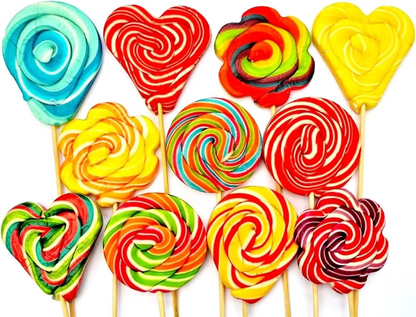 PACK OF 120 ASSORTED SHAPED HALAL RAINBOW LOLLIPOPS ON DISPLAY WOODEN STAND