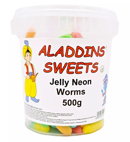 500g Jelly Neon Worms Jellies, Halal Aladdins Sweets Tub