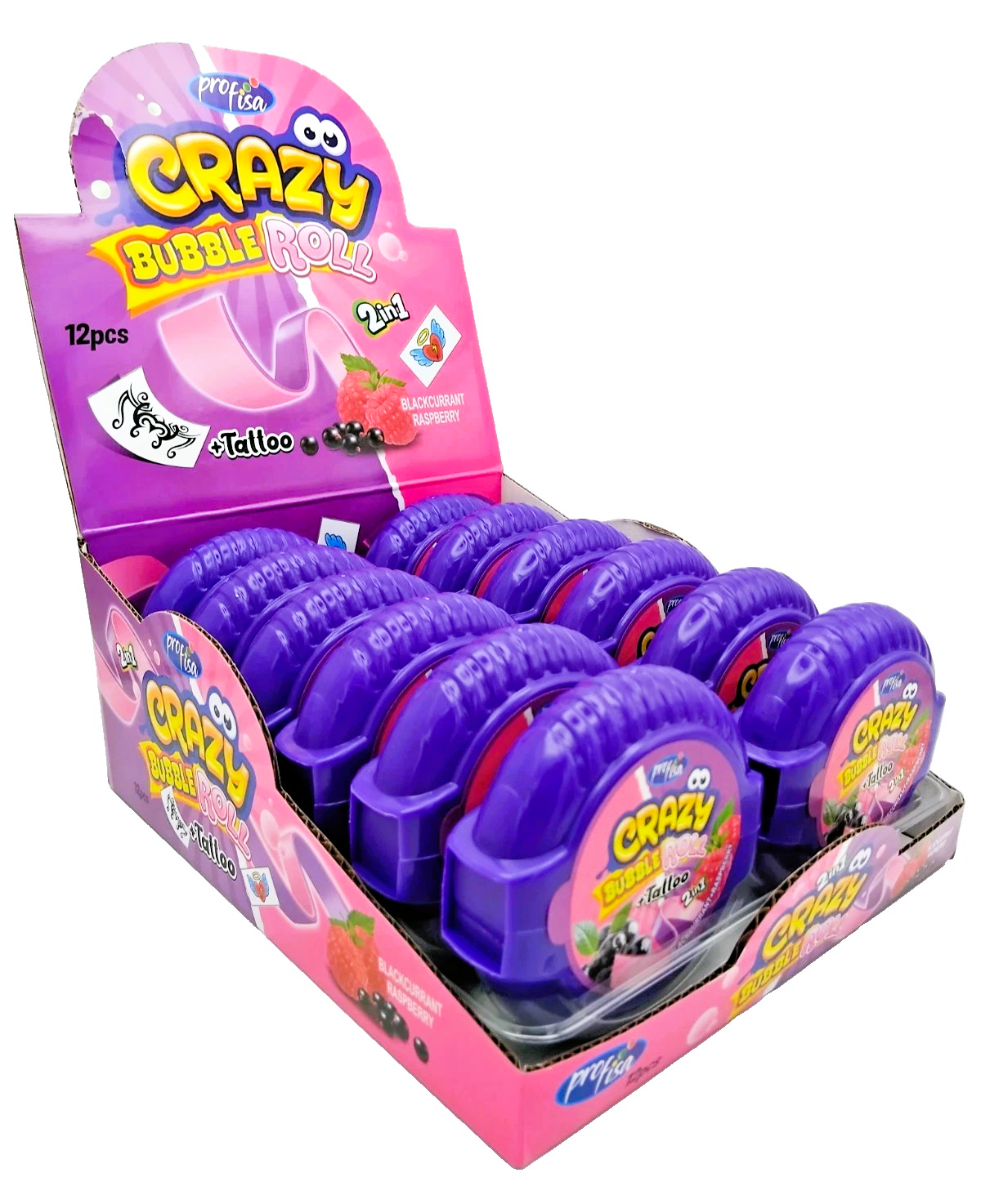 12 x 30g Bubble Gum Roll with Tattoo - Crazy 2 in 1 - Blackcurrant & Raspberry Party Bags