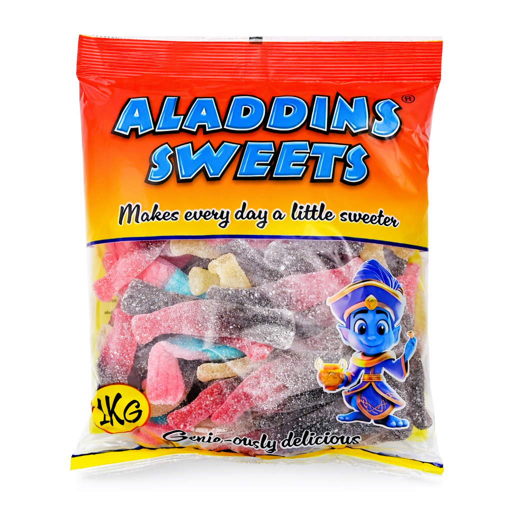 Sour Large Mixed Bottles - Halal - 500g / 1kg - Aladdins Sweets - Bulk Buy Fizzy Jellies - Gifts