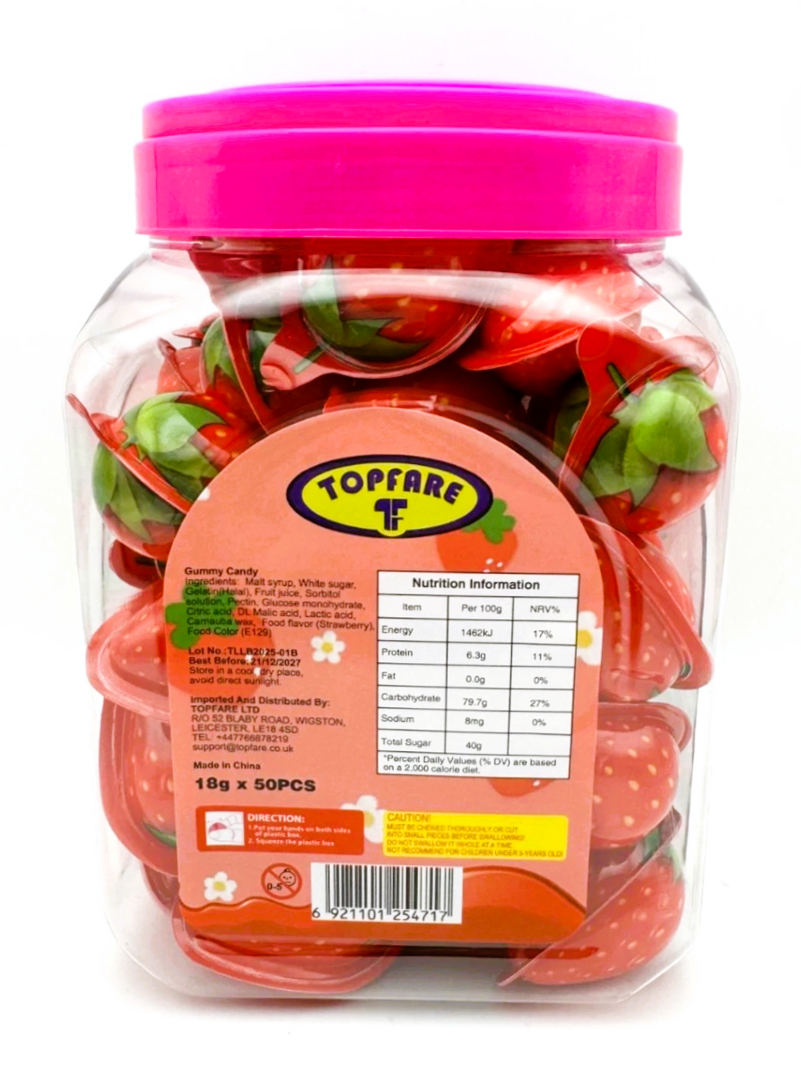 Strawberry Gummy Juicy Filled Sweets 50 x 18g Jar Halal Kids Party Bags Fillers
