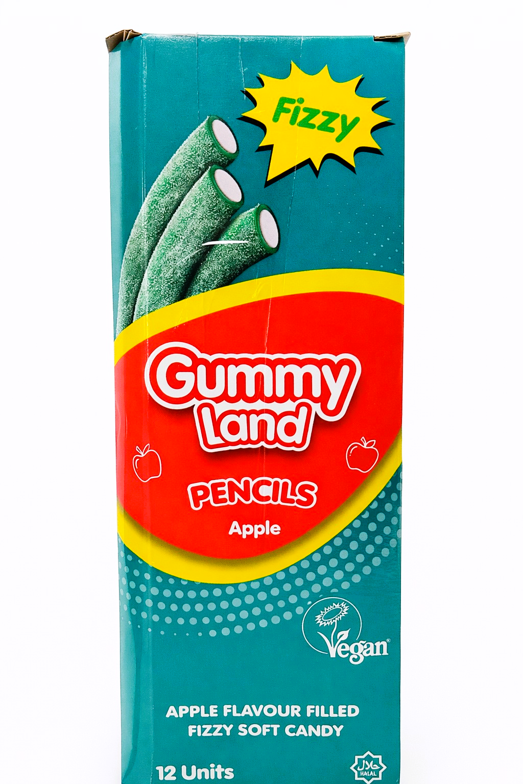 Pack of 12 x 150g Gummy Land Fizzy Apple Pencils - Halal - Vegan
