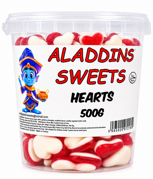 500g Red Heart Jellies - Halal Jelly Hearts - Aladdins Sweets Tub