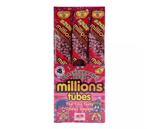 PACK OF 12 HALAL MILLIONS BLACKCURRANT BUZZ CHEW TUBES