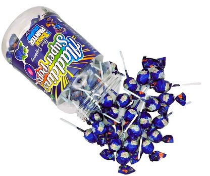 Aladdins Super Pops 60 x Lollipops Bubblegum Centre Blueberry Flavour Tongue Painter Lollies
