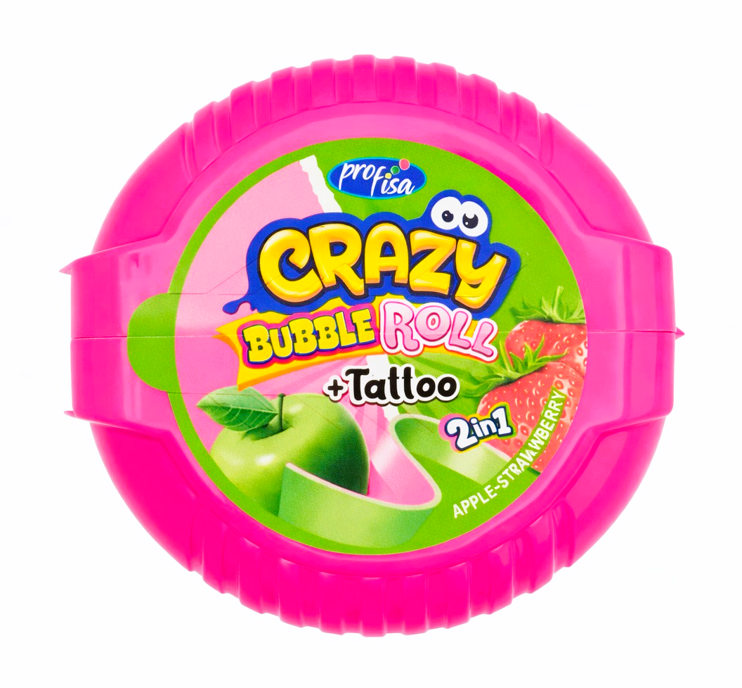 12 x 30g Bubble Gum Roll with Tattoo - Crazy 2 in 1 - Apple & Strawberry Party Bags