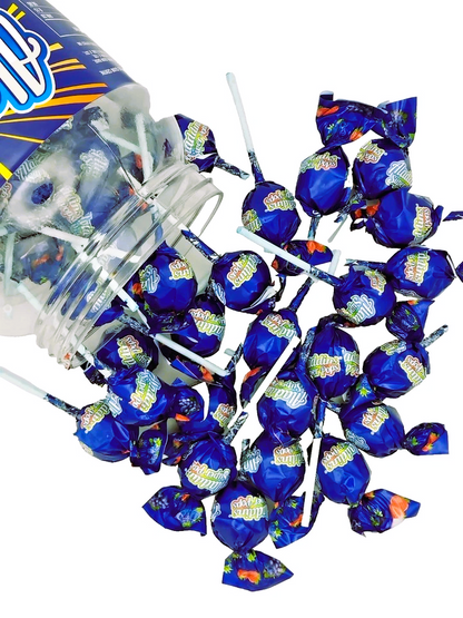 Aladdins Super Pops 60 x Lollipops Bubblegum Centre Blueberry Flavour Tongue Painter Lollies